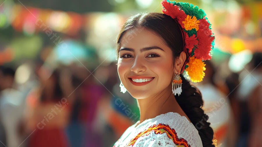 Jovem mulher latina sorrindo com adorno de cabelo floral em celebração colorida