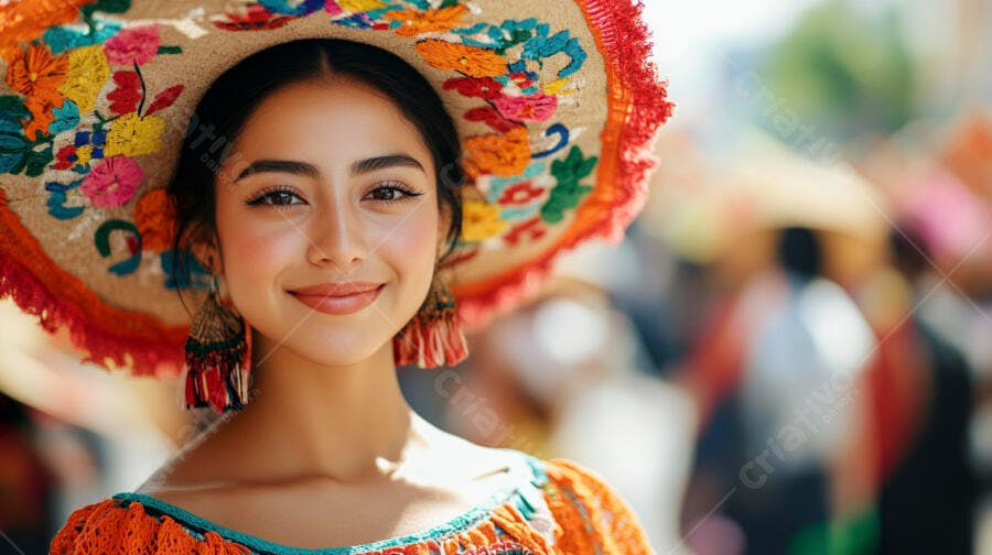 Jovem mexicana sorridente com sombrero e roupa tradicional vibrante