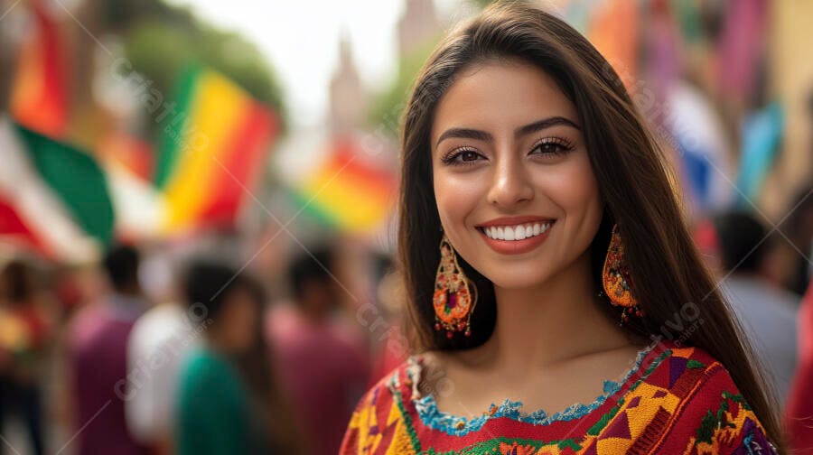Mulher latina feliz sorrindo em festival cultural com roupa colorida e bandeiras vibrantes