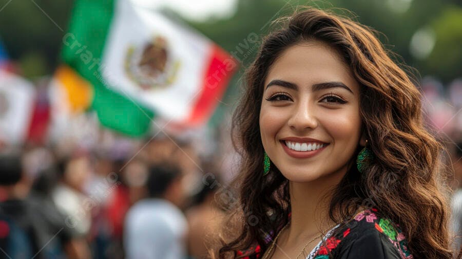 Jovem mulher mexicana sorrindo feliz em celebração cultural com bandeira