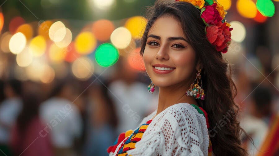 Mulher latina sorrindo com coroa de flores em festa colorida