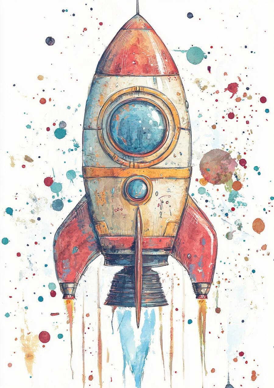Foguete aquarela vintage decolando com respingos de tinta coloridos