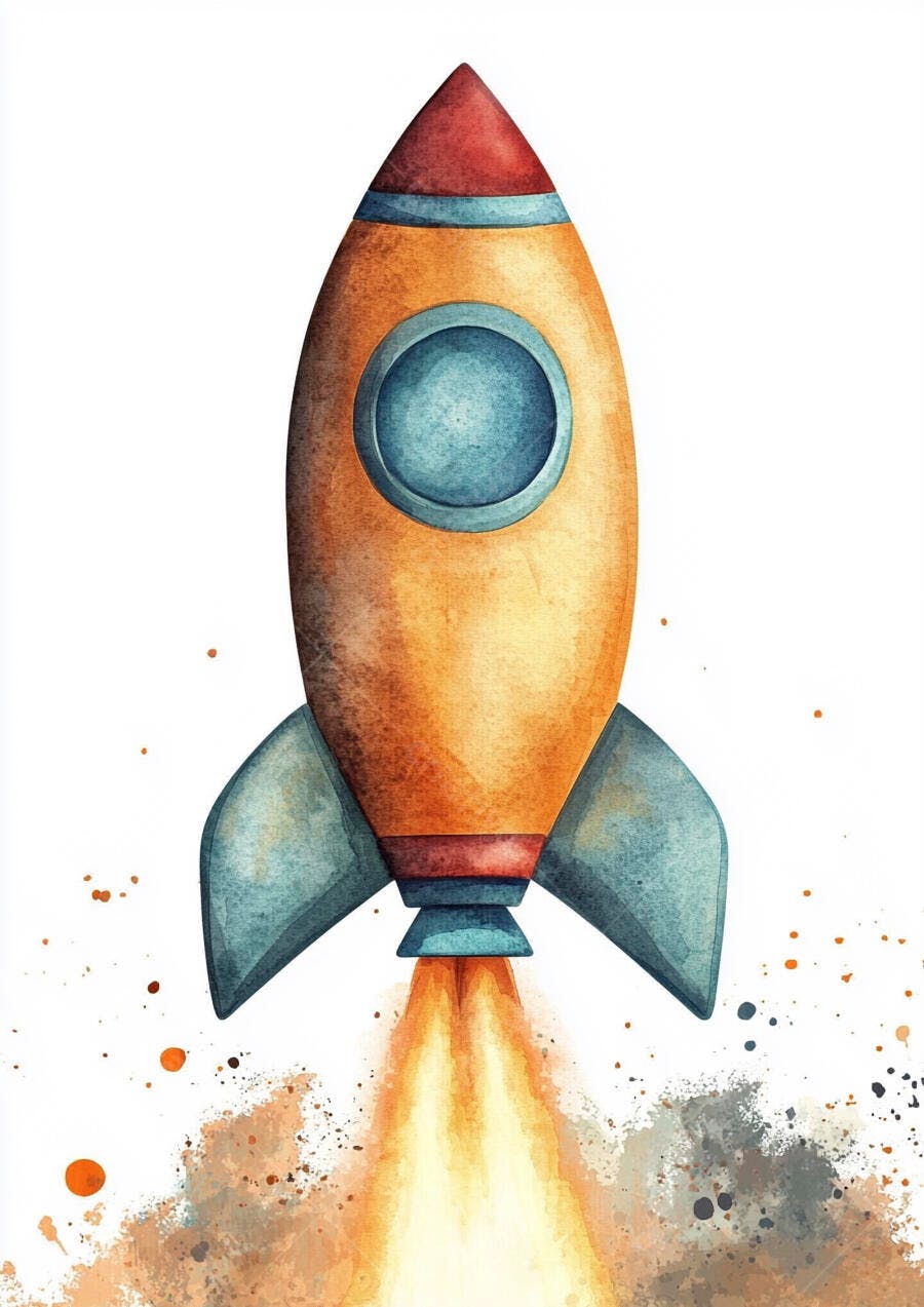 Foguete laranja azul decolando ilustração aquarela infantil