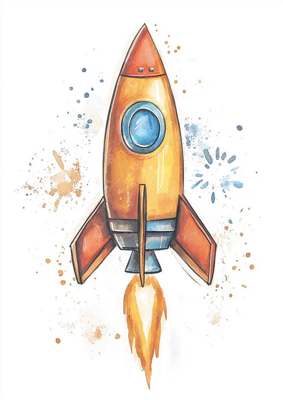 Foguete laranja e azul decolando ilustração em aquarela infantil