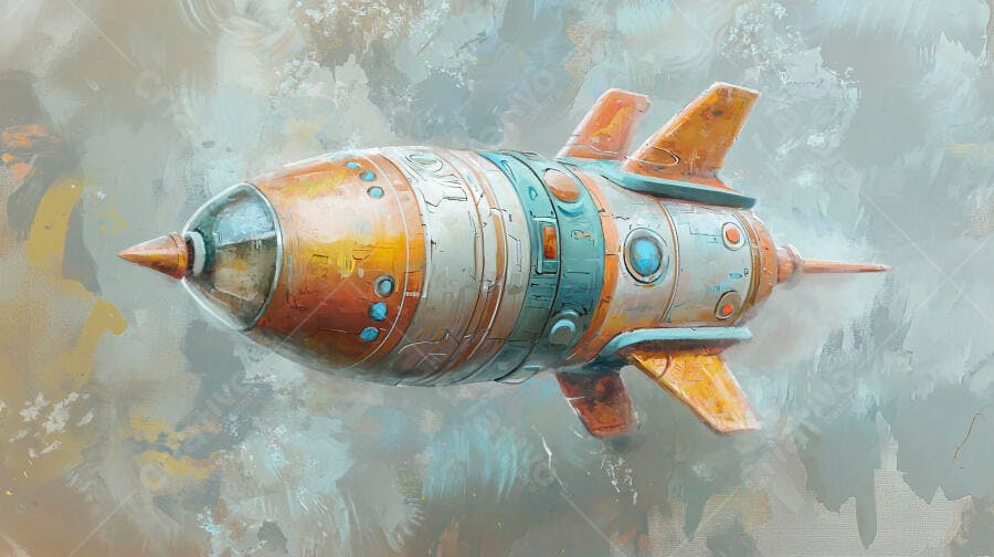 Foguete retrô laranja azul e branco em voo espacial ilustração