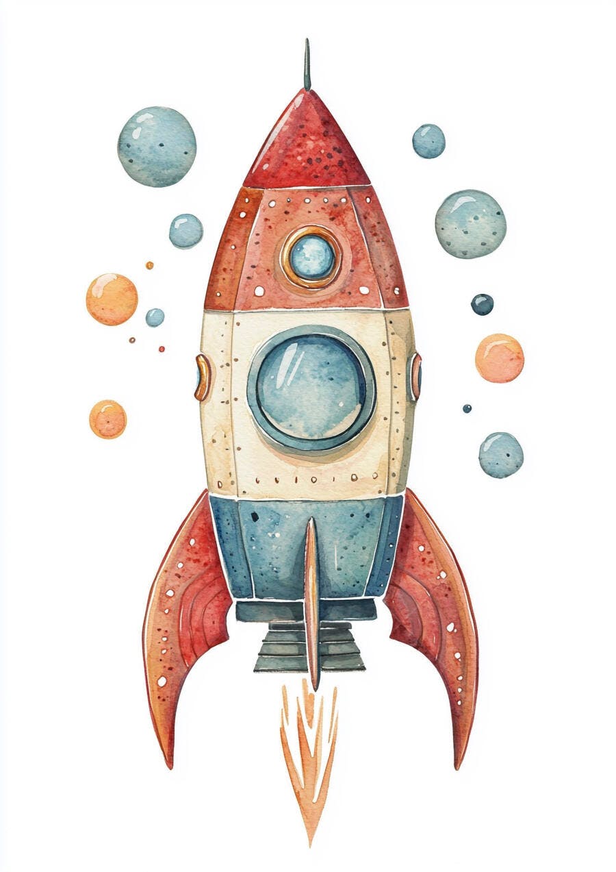Foguete de aquarela vermelho e azul decolando no espaço com planetas