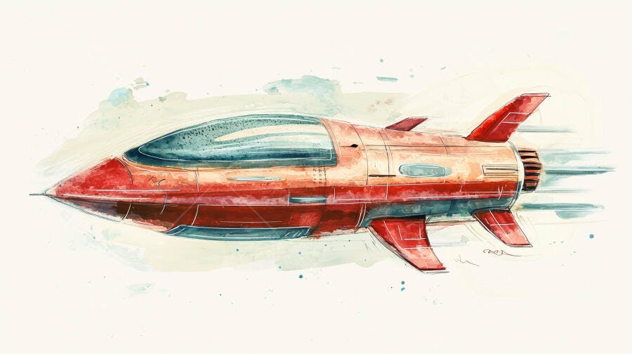 Foguete espacial retrô vermelho aquarela voando rápido com fundo abstrato