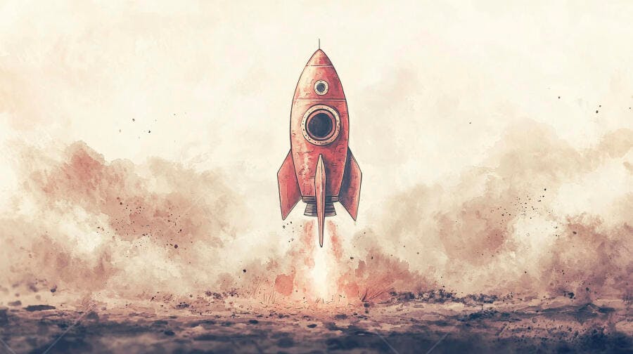 Foguete vermelho decolando ilustração aquarela com fumaça