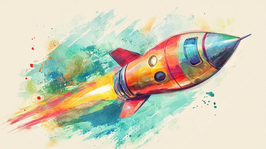 Foguete colorido estilo aquarela em lançamento vibrante