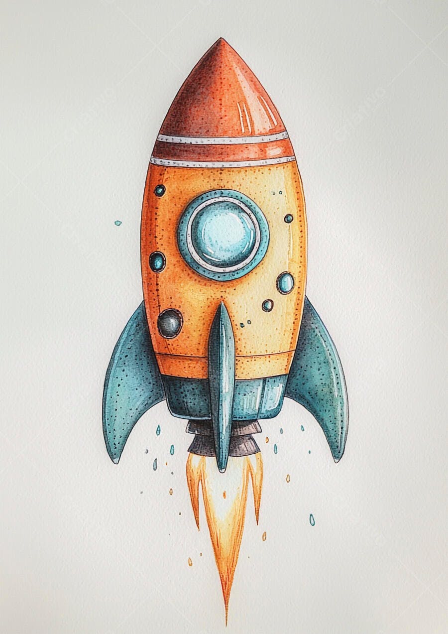 Foguete laranja e azul decolando ilustração em aquarela estilo infantil