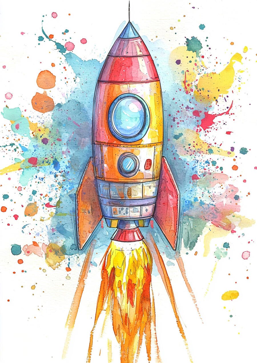 Foguete colorido em aquarela decolando com respingos de tinta vibrantes
