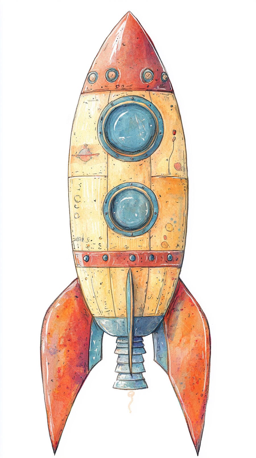 Foguete espacial vintage amarelo laranja e azul ilustração aquarela