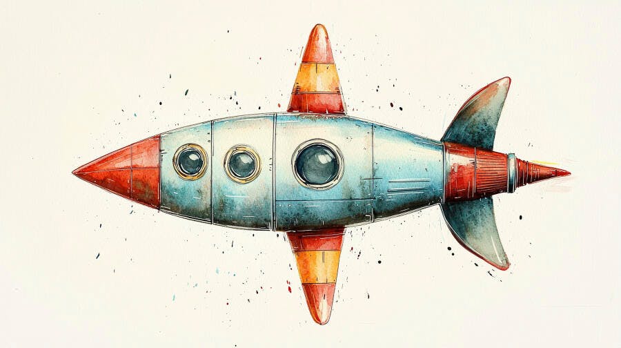 Foguete vintage azul e vermelho ilustrado em aquarela para crianças