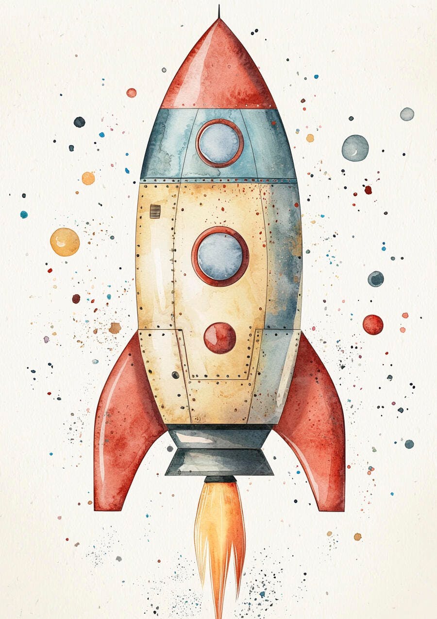 Foguete vermelho e azul em aquarela decolando ilustração espacial infantil