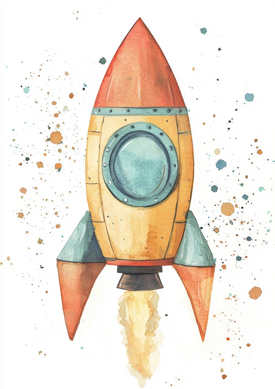 Foguete decolando em aquarela com cores vibrantes para crianças