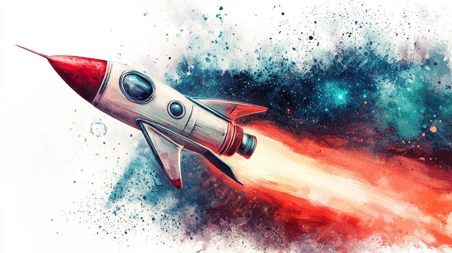 Foguete branco e vermelho lançando no espaço com efeito aquarela e jato de fogo