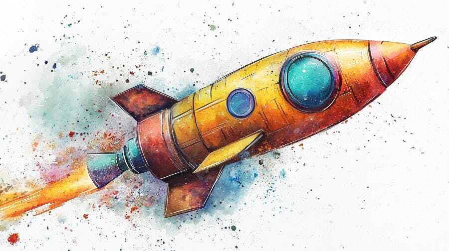 Foguete colorido em aquarela lançando com rastro de fogo vibrante