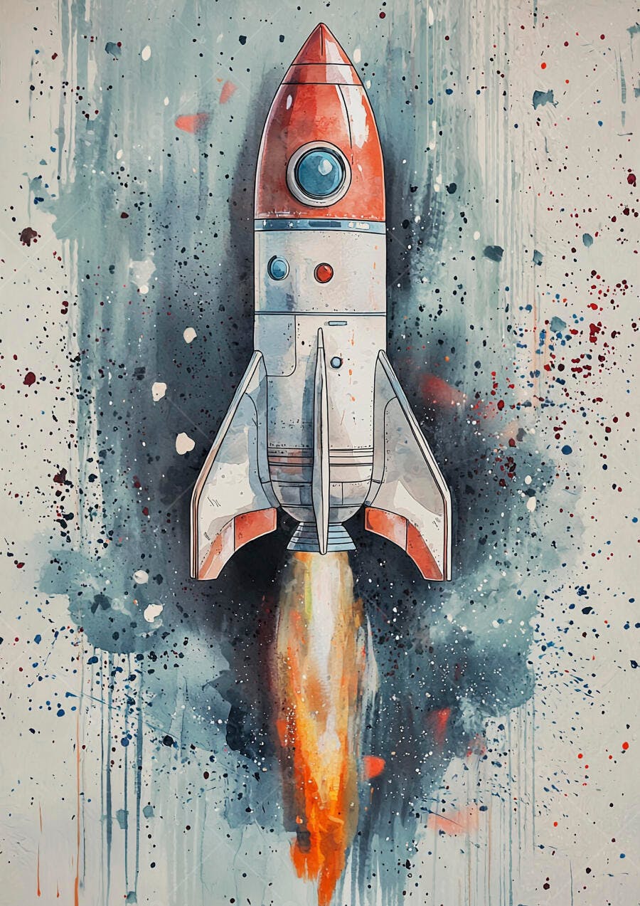 Foguete vermelho e branco em lançamento com explosão laranja e fundo aquarela azul