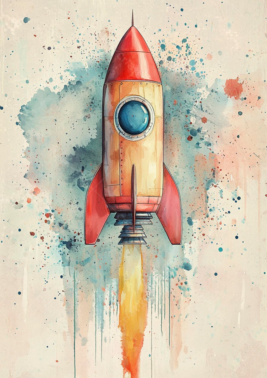 Foguete decolando ilustração aquarela colorida