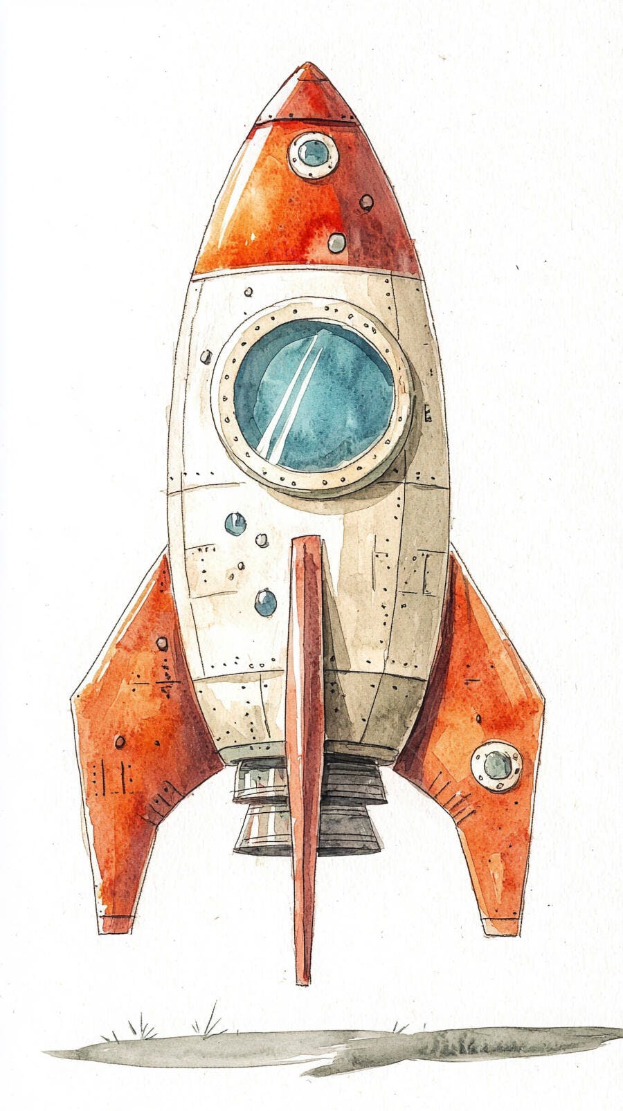 Foguete laranja e branco com janela azul ilustração aquarela vintage
