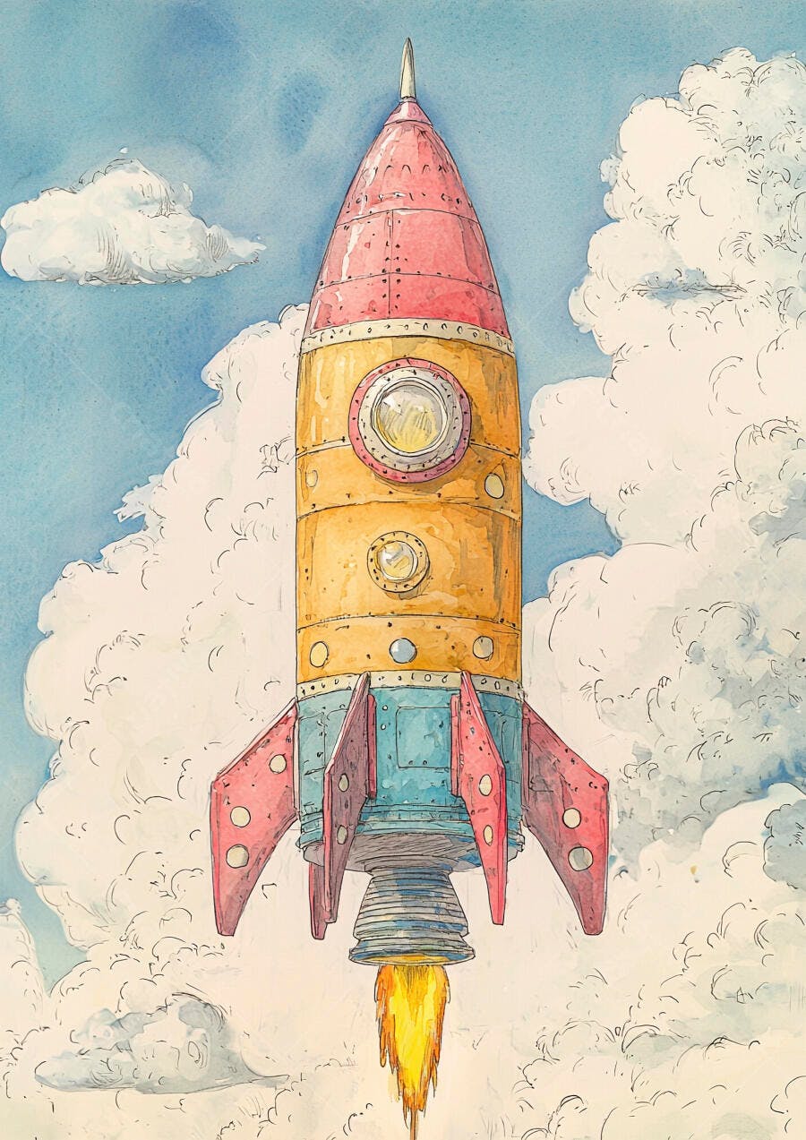 Foguete vintage laranja e vermelho decolando entre nuvens brancas ilustração aquarela