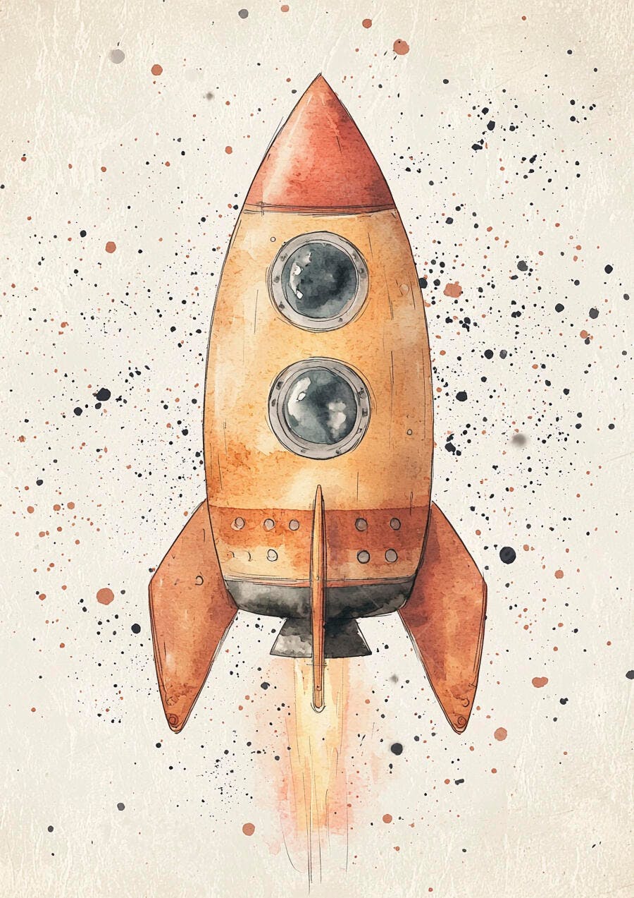 Foguete vintage laranja decolando em aquarela para espaço infantil