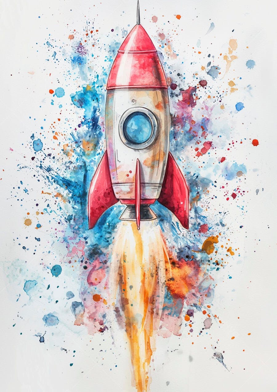 Foguete vermelho e branco decolando com rastro de fogo em aquarela multicolorida