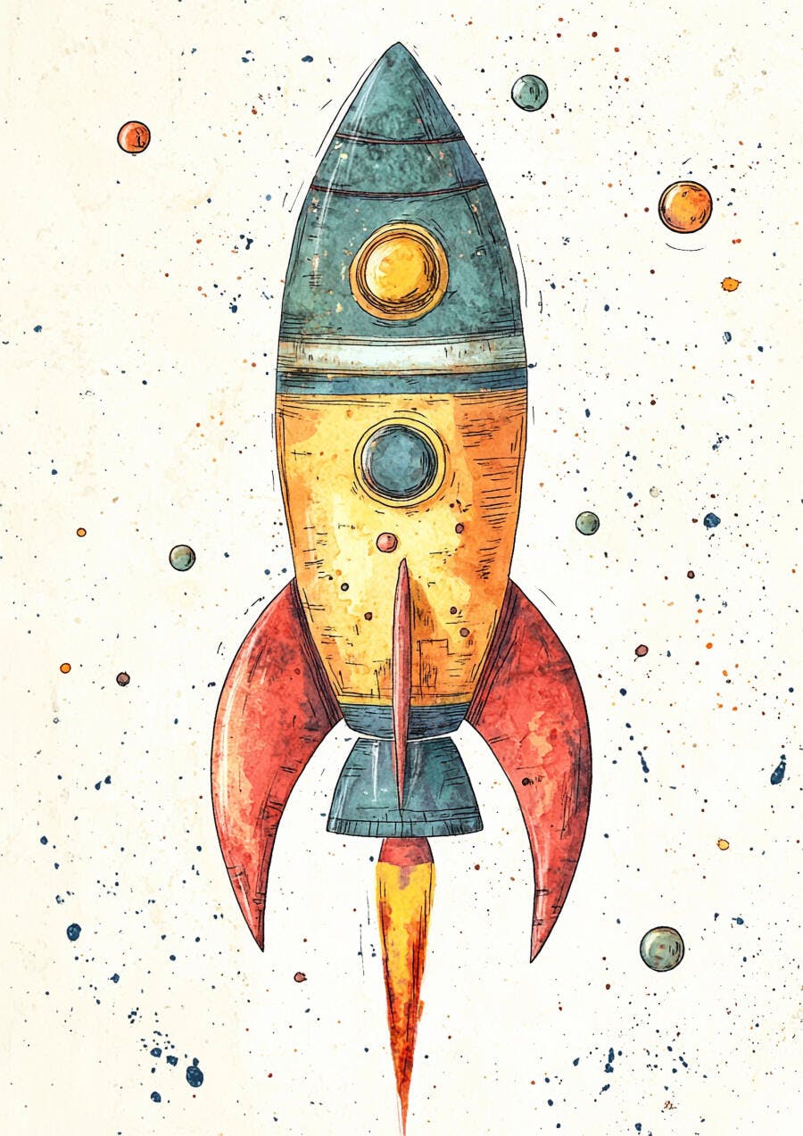 Foguete aquarela vintage voando no espaço sideral