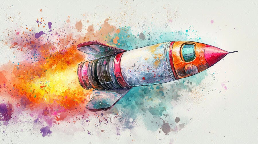 Foguete colorido em aquarela lançando com explosão de cores vibrantes