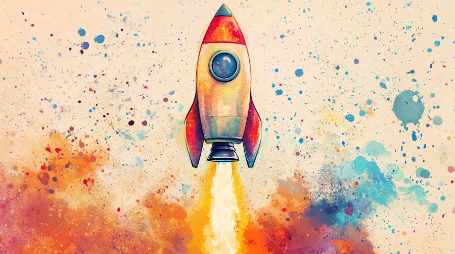 Foguete colorido estilo aquarela lançando em meio a respingos de tinta vibrantes