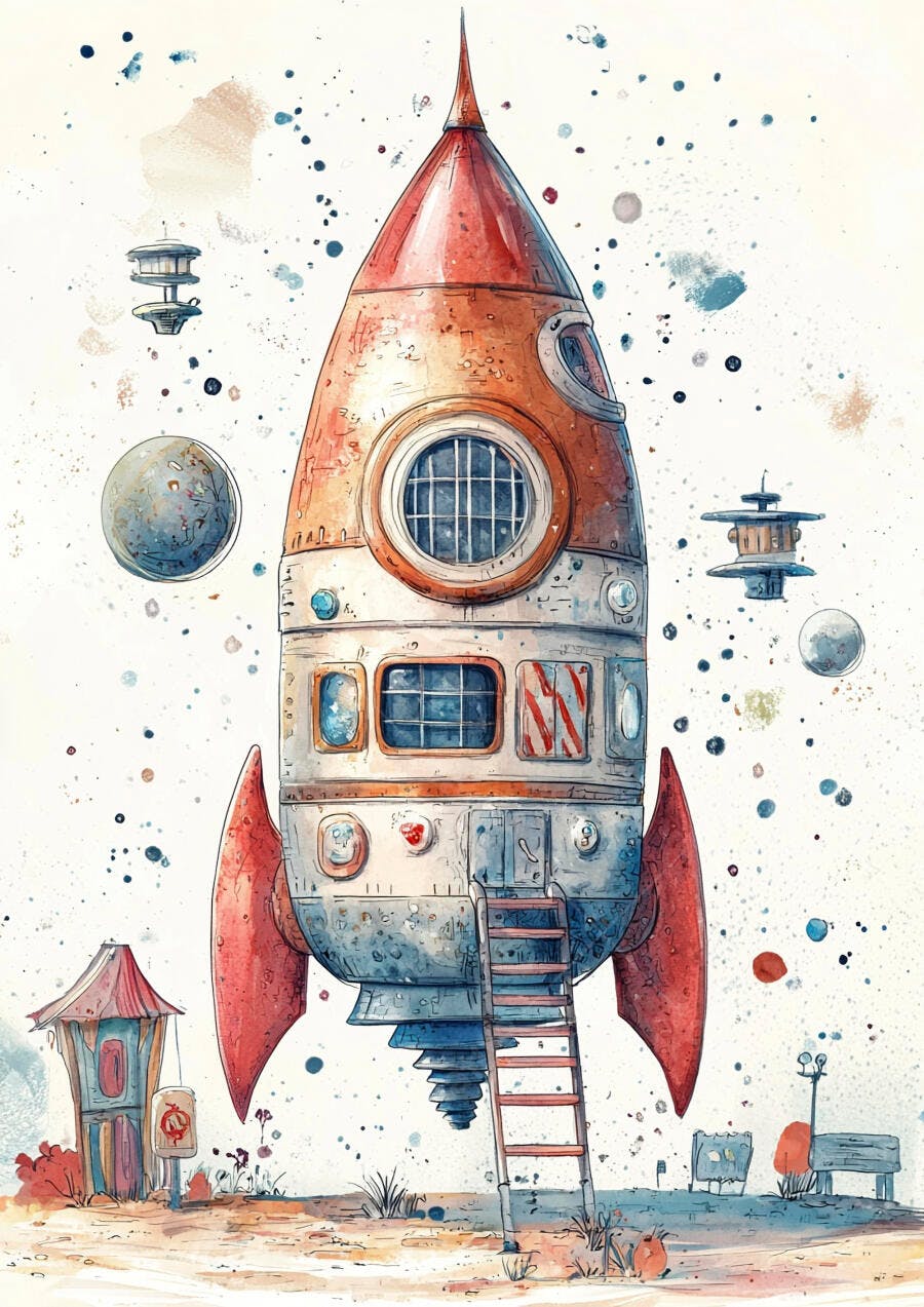 Foguete retrô laranja e azul com escada em paisagem espacial aquarela