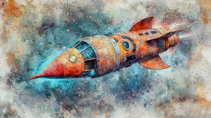 Foguete espacial laranja vintage voando em céu azul turquesa abstrato