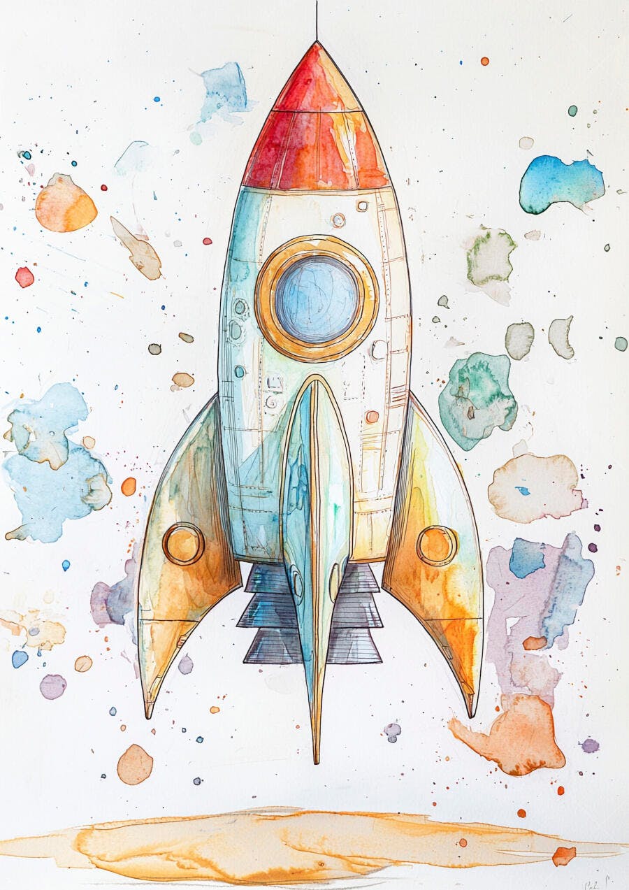 Foguete espacial colorido em aquarela ilustração artística infantil