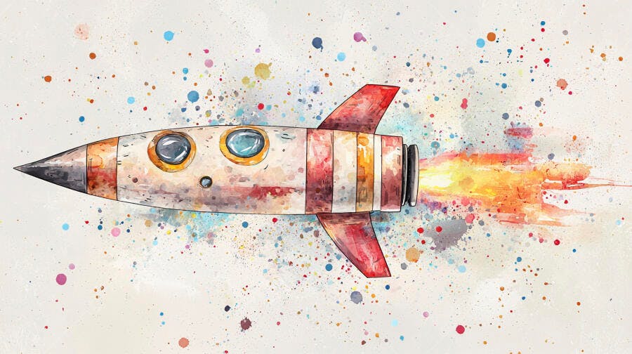 Foguete aquarela com chamas coloridas voando em explosão de tinta abstrata