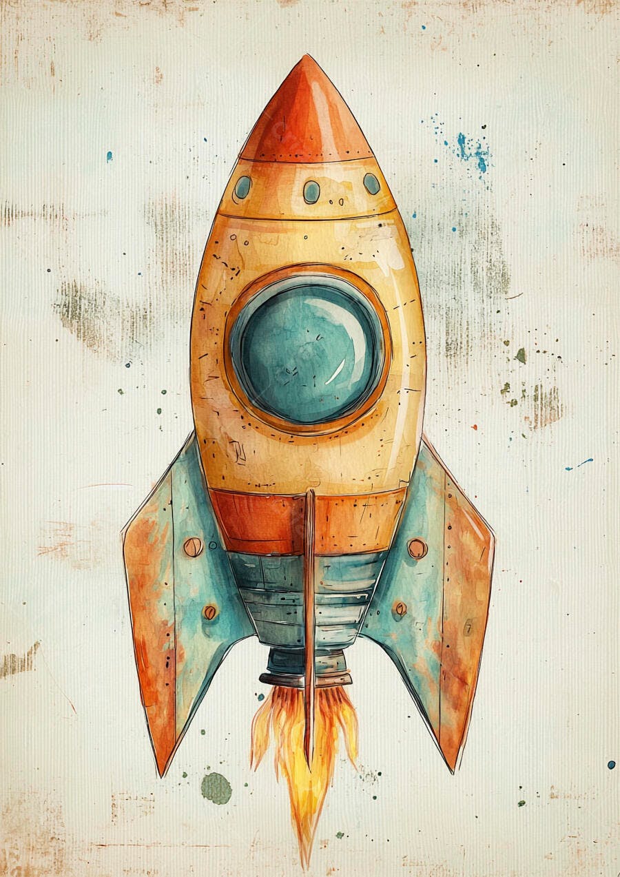 Foguete vintage de aquarela com chamas em fundo rústico