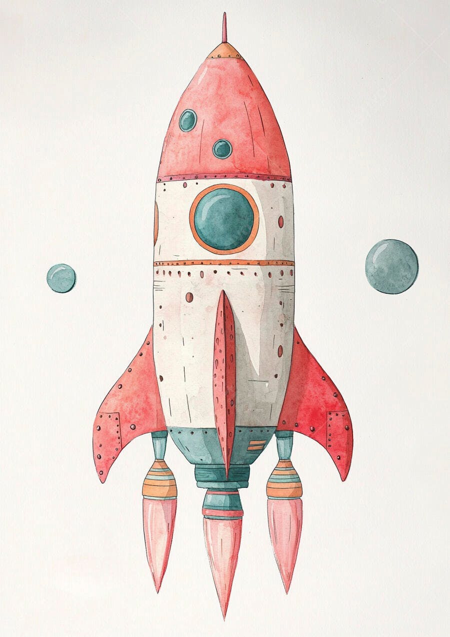 Foguete espacial vermelho e branco ilustração aquarela com planetas