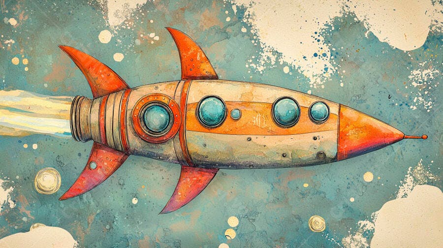 Foguete laranja e azul voando no espaço sideral ilustração aquarela