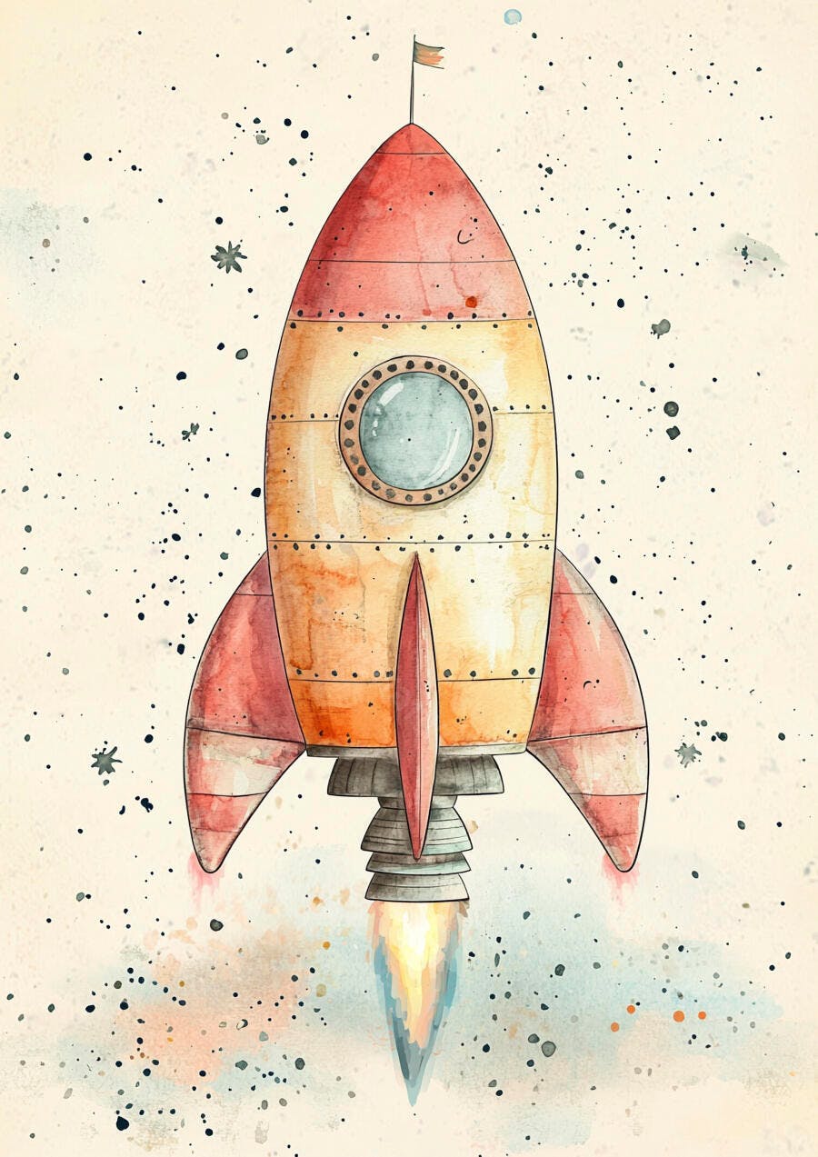 Foguete de aquarela vermelho e laranja decolando no espaço vibrante