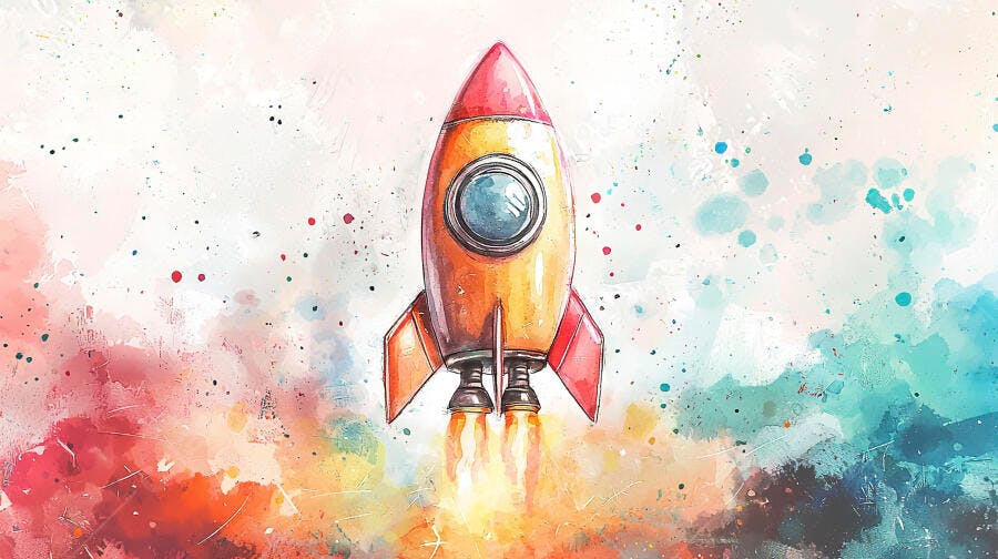 Foguete colorido em aquarela decolando com explosão de cores vibrantes