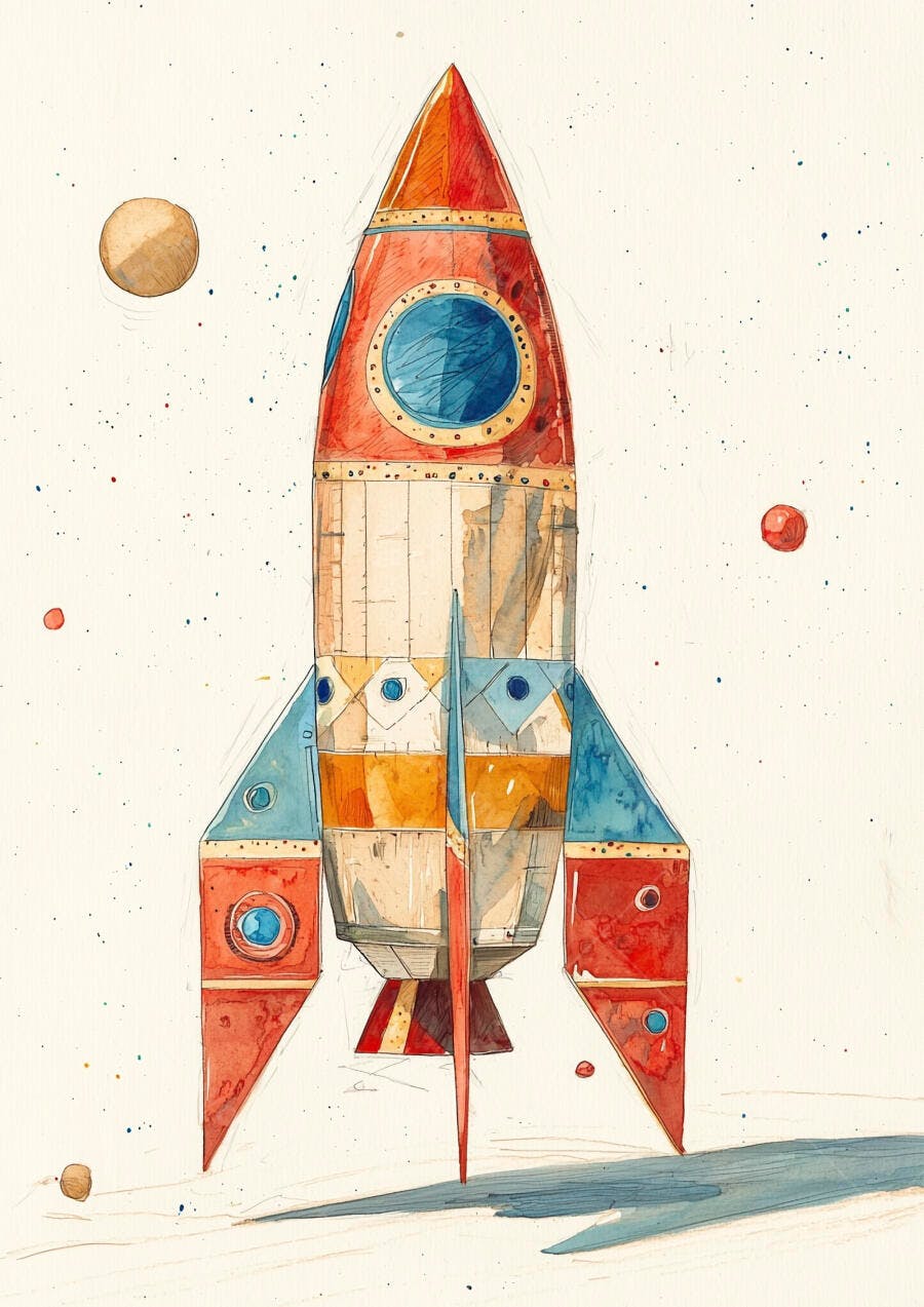 Foguete espacial colorido em aquarela com planetas flutuantes