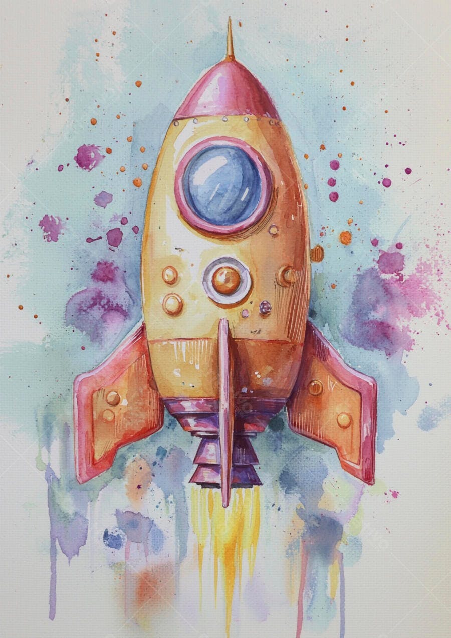 Foguete infantil em aquarela voando com chamas e respingos coloridos