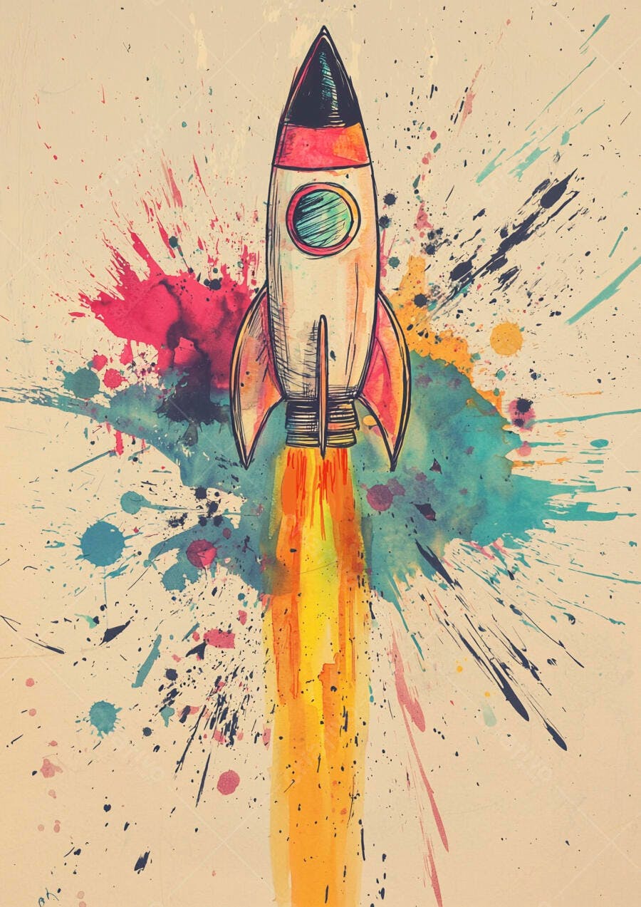 Foguete ilustração aquarela com respingos coloridos decolando em fundo bege