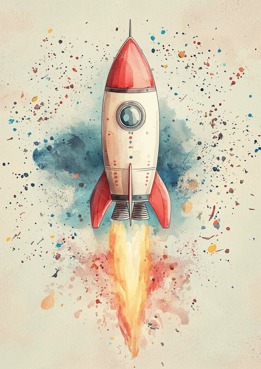 Foguete branco e vermelho em lançamento com fumaça colorida estilo aquarela