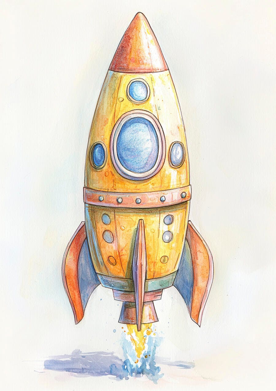Foguete amarelo e laranja decolando em aquarela ilustração infantil