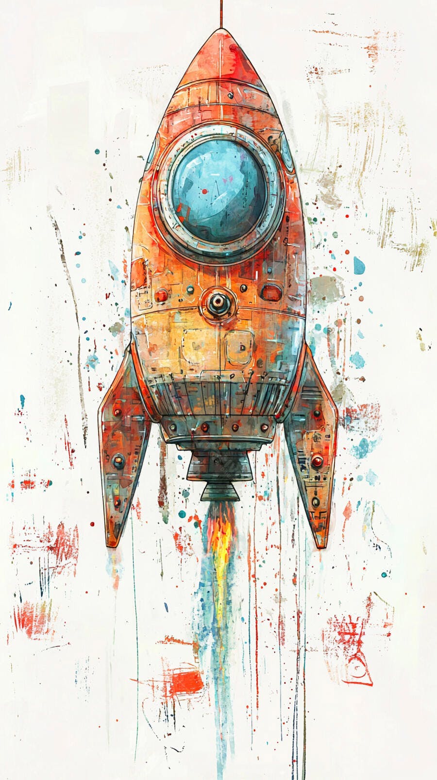 Foguete espacial vintage decolando com efeito aquarela e respingos coloridos