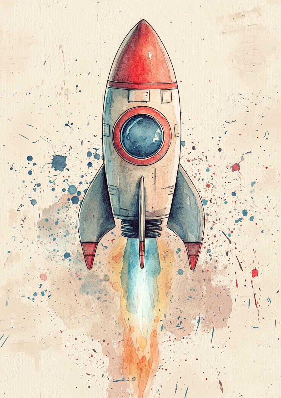 Foguete espacial azul e vermelho decolando com rastro de fumaça colorida aquarela