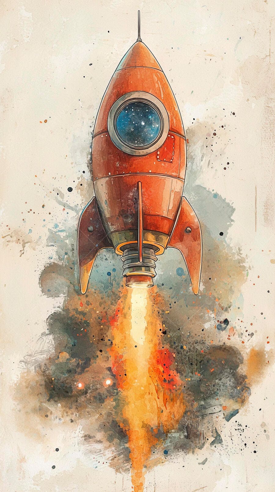 Foguete vermelho laranja decolando com fumaça e fogo em ilustração aquarela