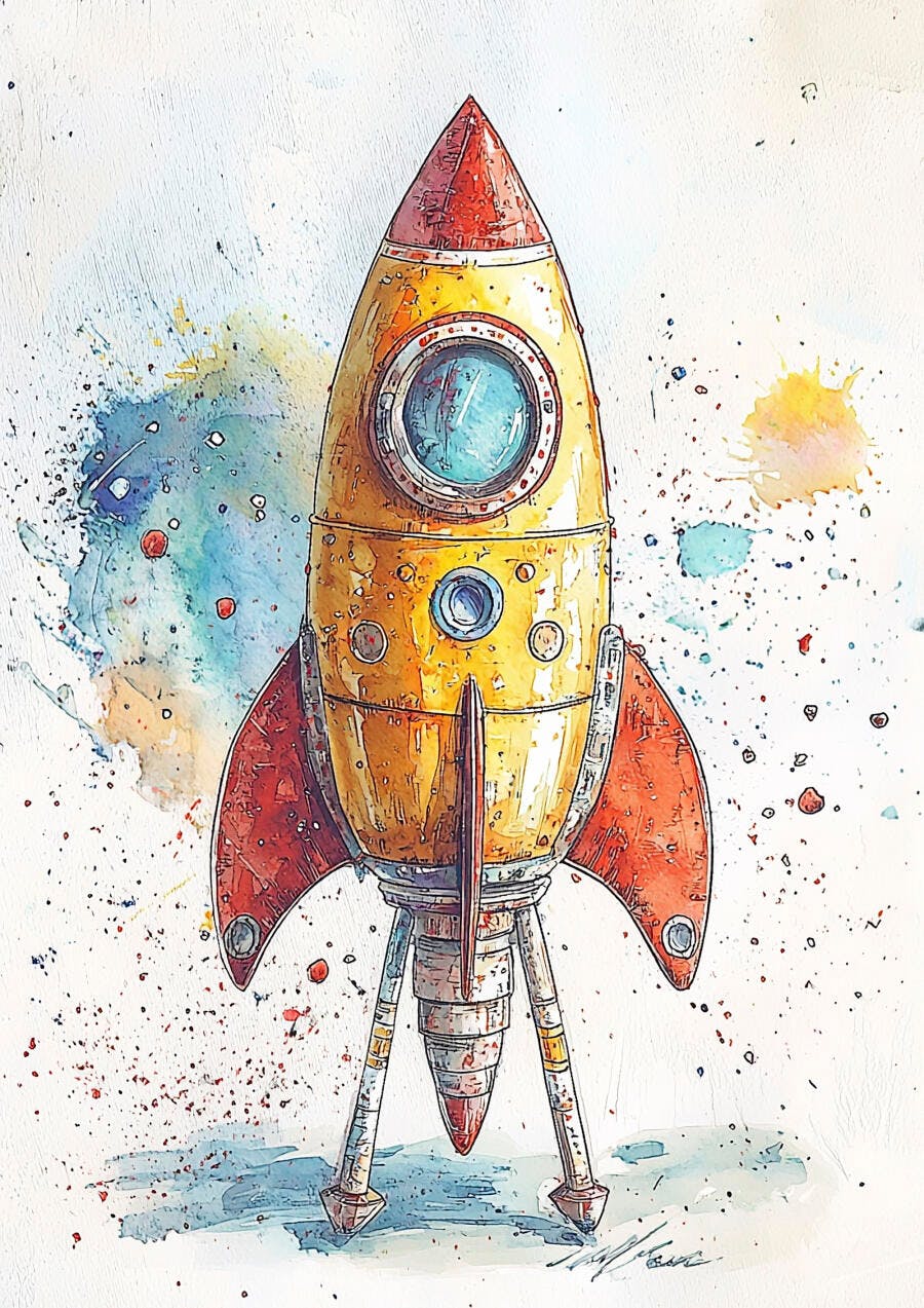 Foguete amarelo e vermelho estilo aquarela para crianças