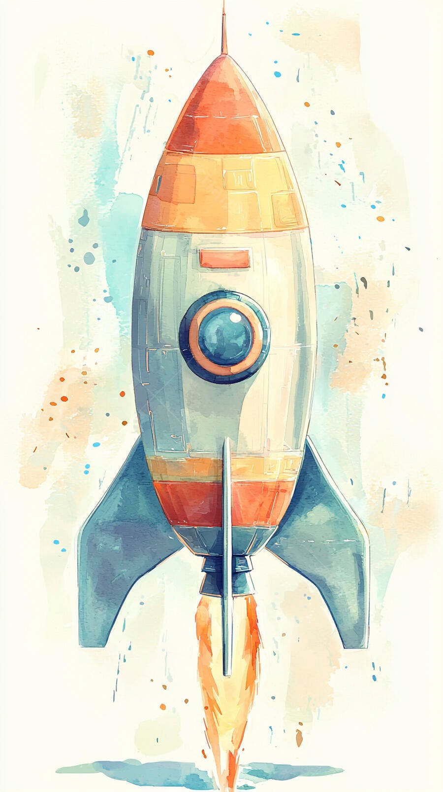 Foguete decolando ilustração aquarela lúdica cores laranja azul