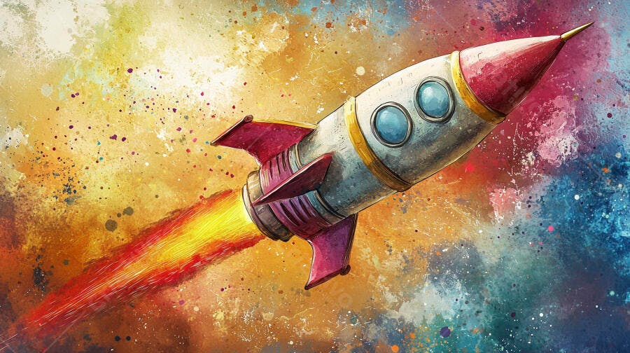 Foguete colorido voando em fundo de aquarela espacial vibrante